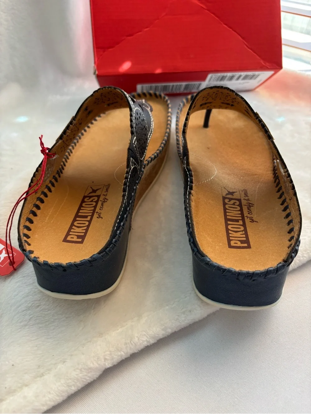 PIKOLINOS Marina Thong Wedge Leather Sandals Blue Size 37 EU 6.5-7 US